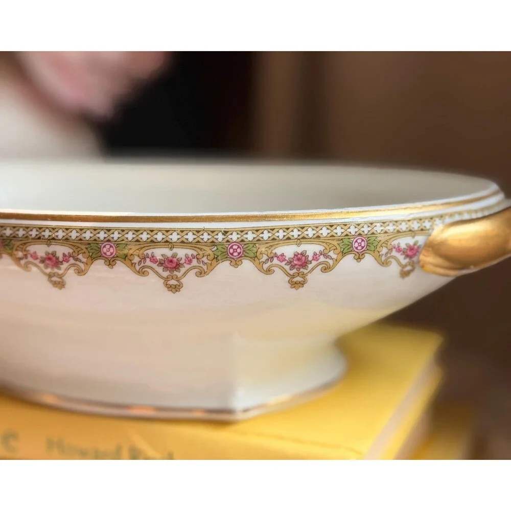 Antique T&V Limoges Serving Bowl: Lille Pattern Pink Roses, Gilt Handles